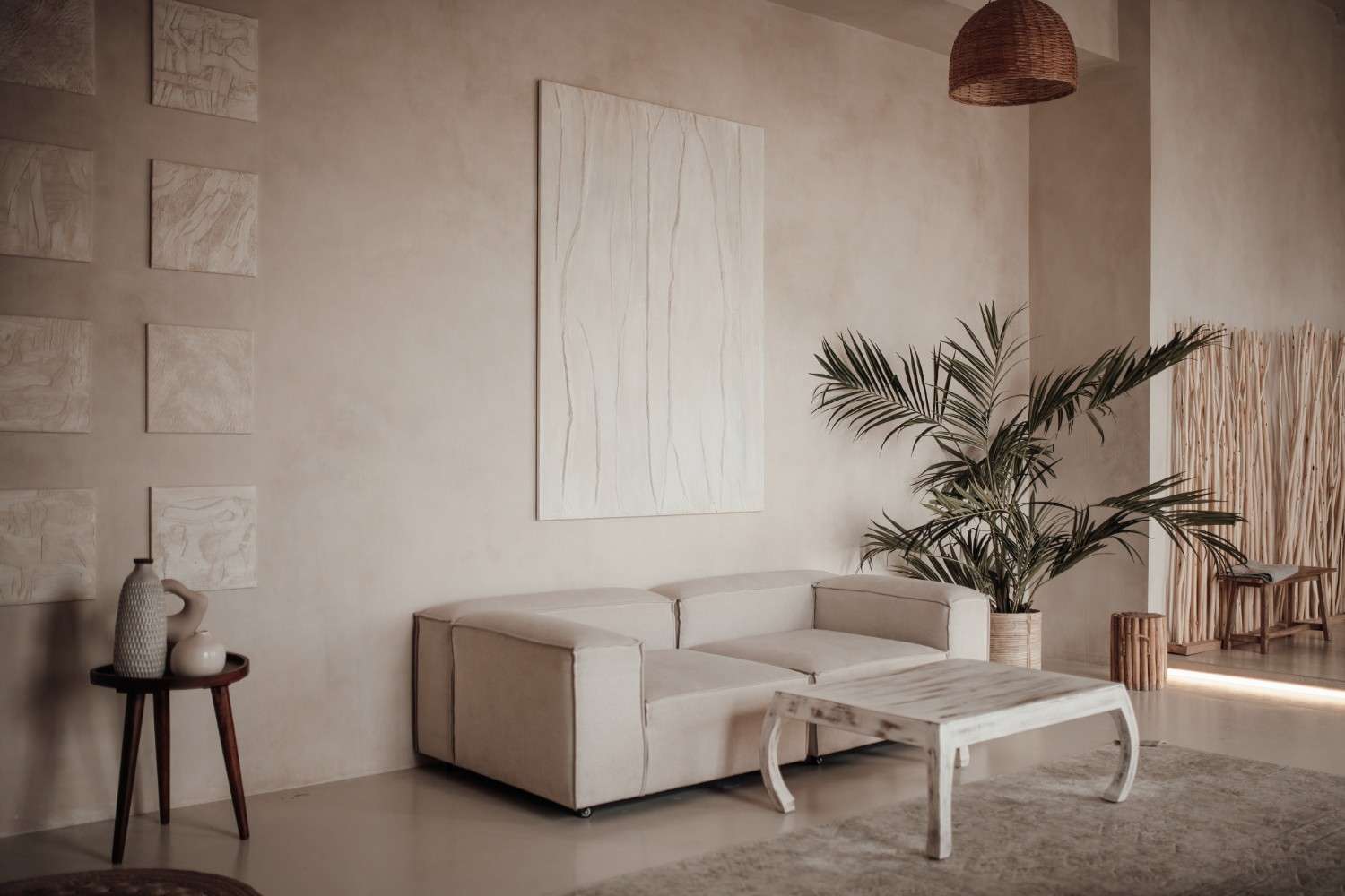 Modern living room with white furniture